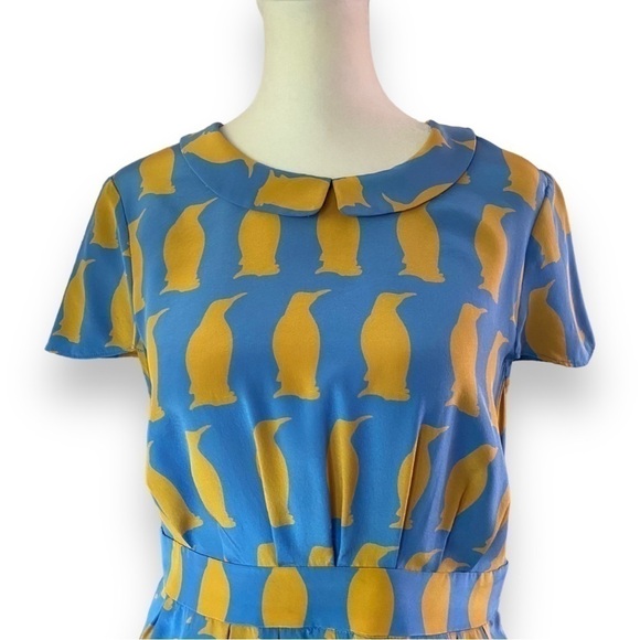 Charlotte By Charlotte Taylor Blue & Yellow Penguin Print Silk Blouse | Size 4 - Picture 2 of 14